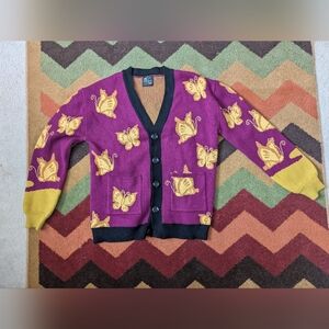 Butterfly Patterned Purple and Yellow Cardigan